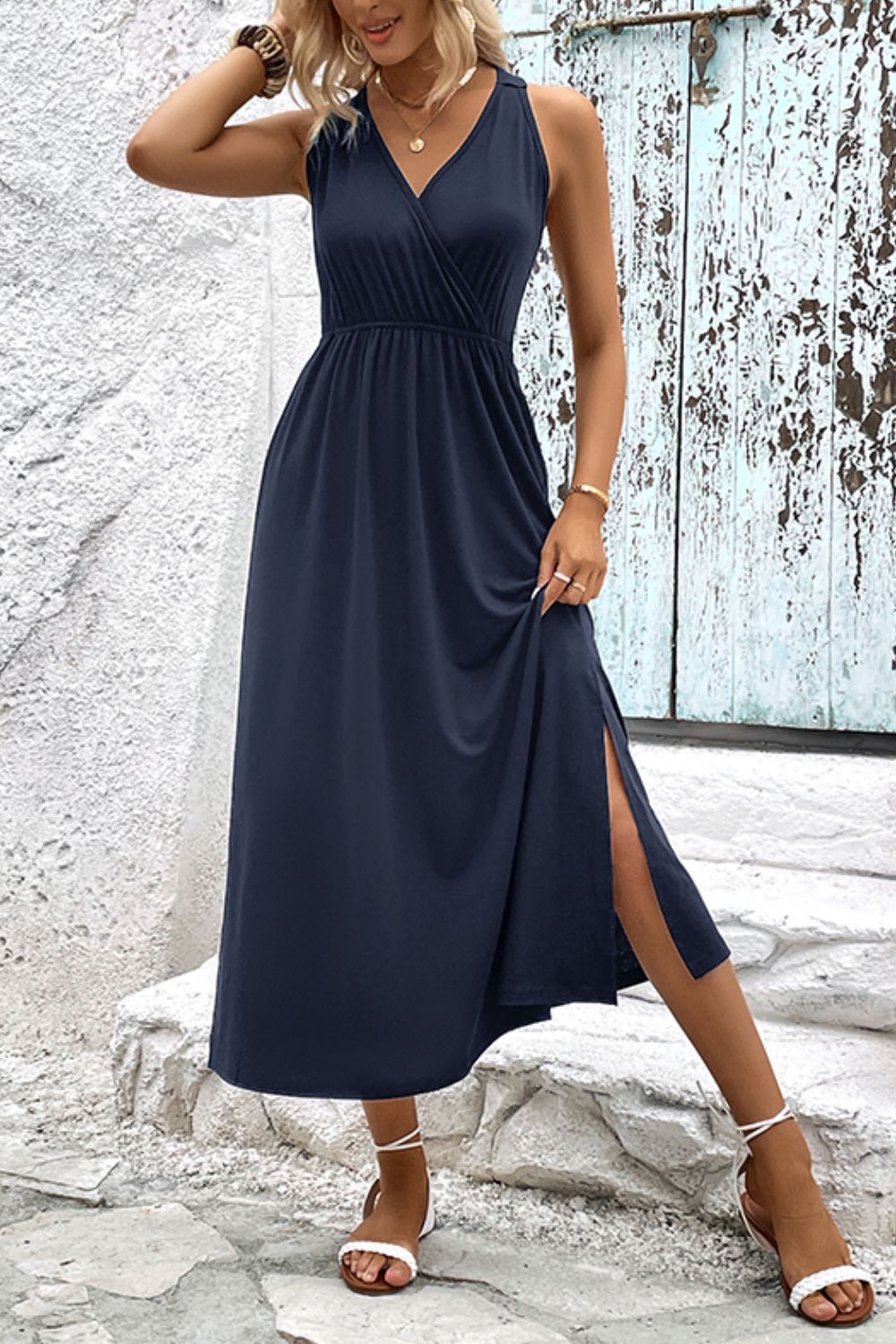 Perfee Surplice Neck Slit Sleeveless Dress