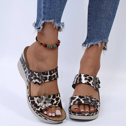 2025 New Leopard Leather Wedge Soft Sole Sandals