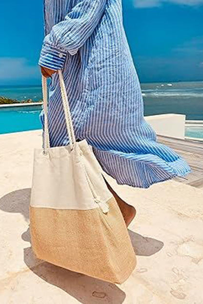 Linen Blend Contrast Patchwork Beach Bag