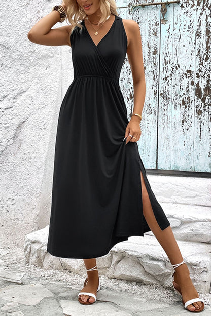 Perfee Surplice Neck Slit Sleeveless Dress