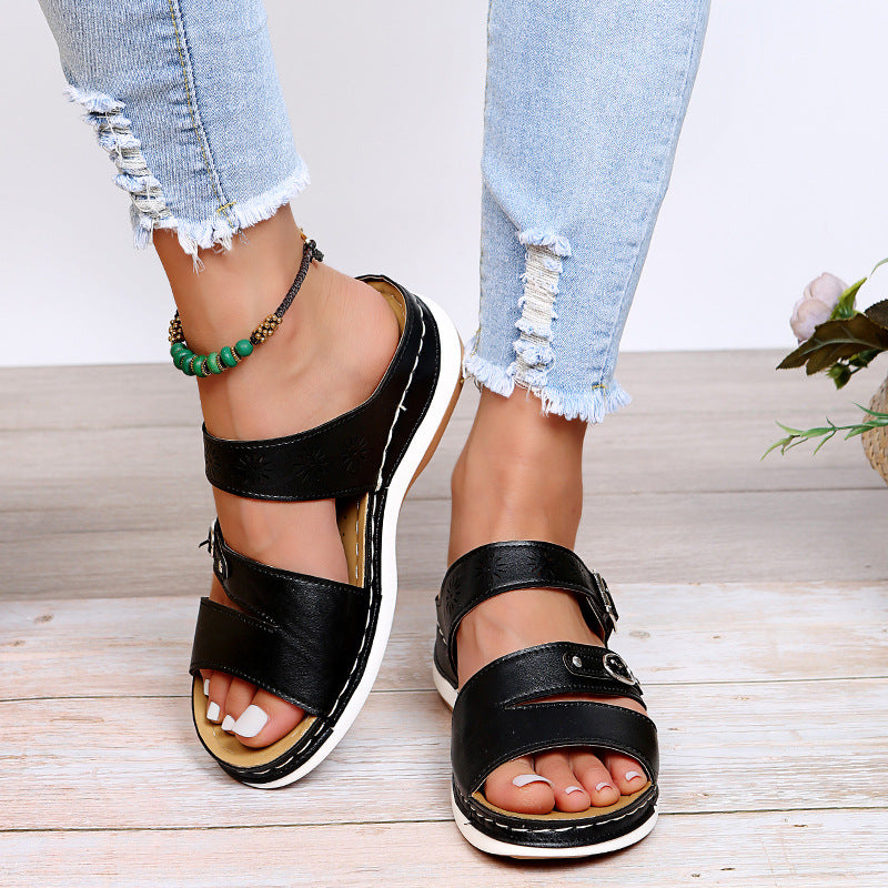 2022 New Arizona Leather Metal Buckle Platform Wedge Sandals