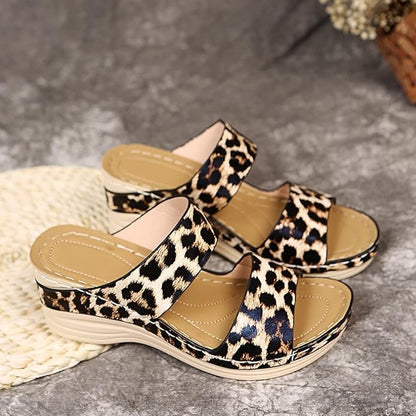 2025 New Leopard Leather Wedge Soft Sole Sandals