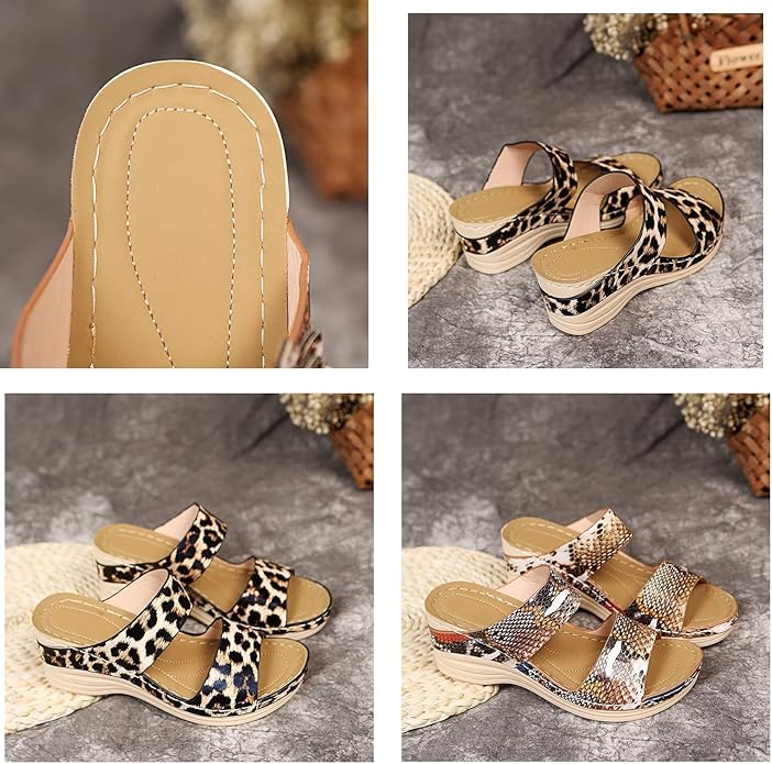 2025 New Leopard Leather Wedge Soft Sole Sandals