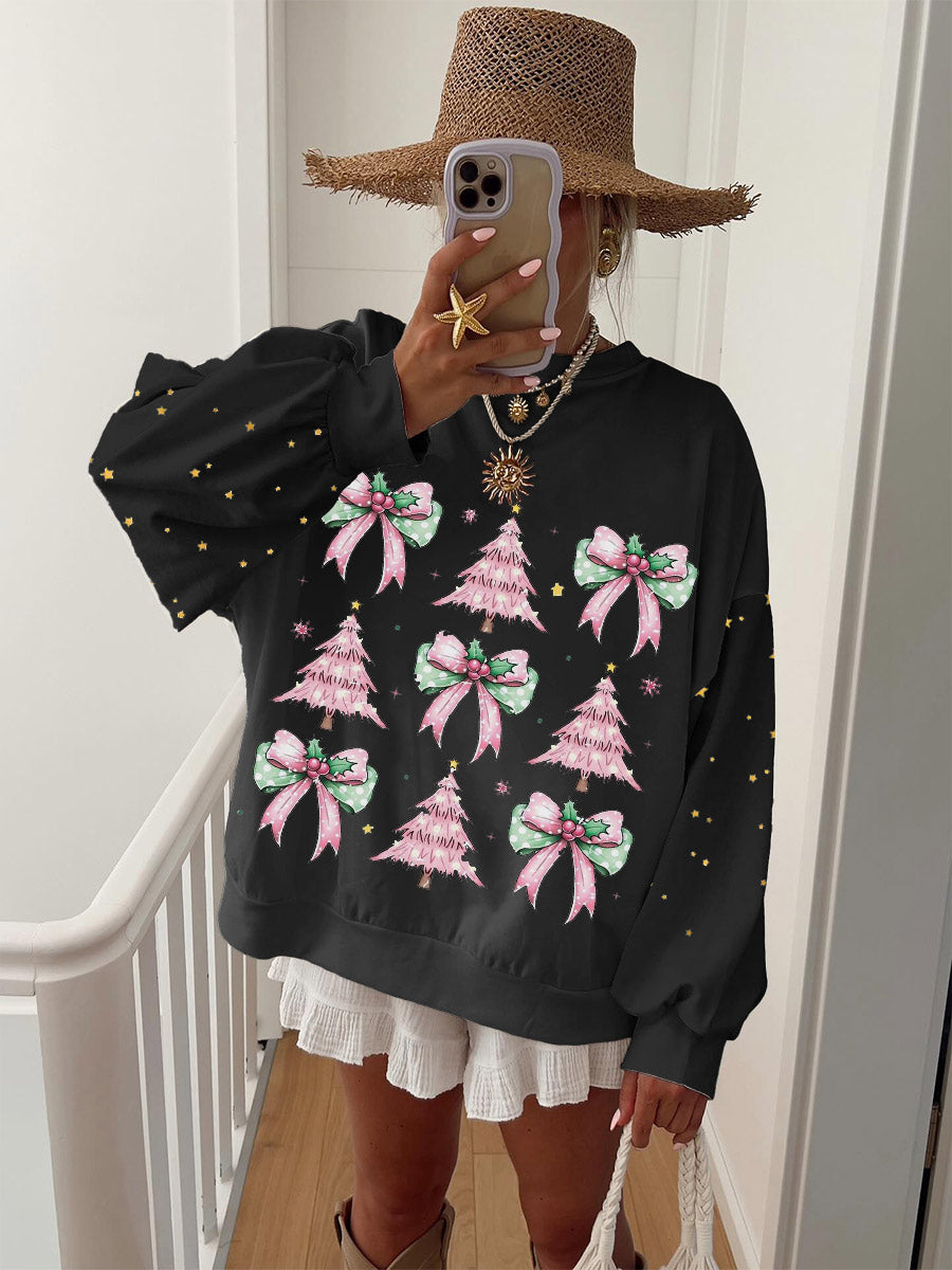 Women's Christmas Tree Bow Pattern Long Sleeve Sweatshirt