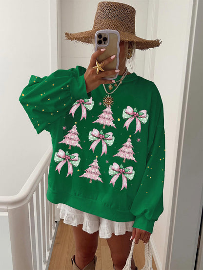 Women's Christmas Tree Bow Pattern Long Sleeve Sweatshirt