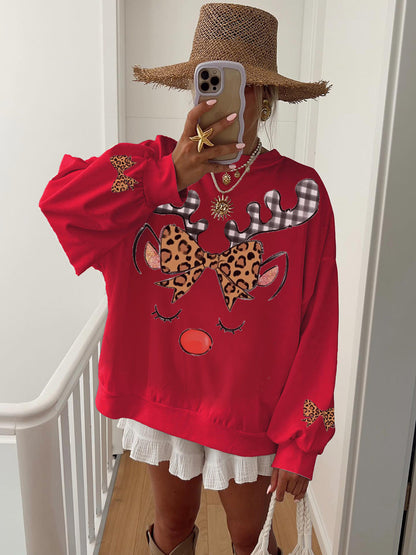 Women's Cotton Christmas Bow Elk Print Home Sweatshirt