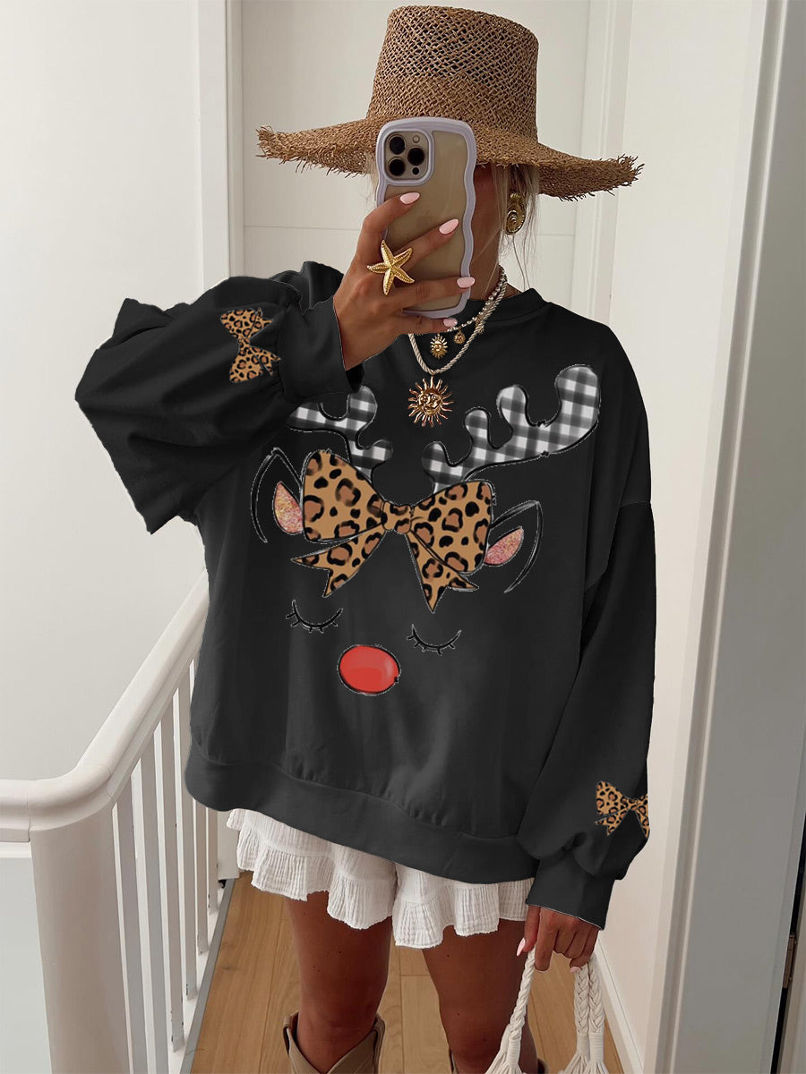 Women's Cotton Christmas Bow Elk Print Home Sweatshirt