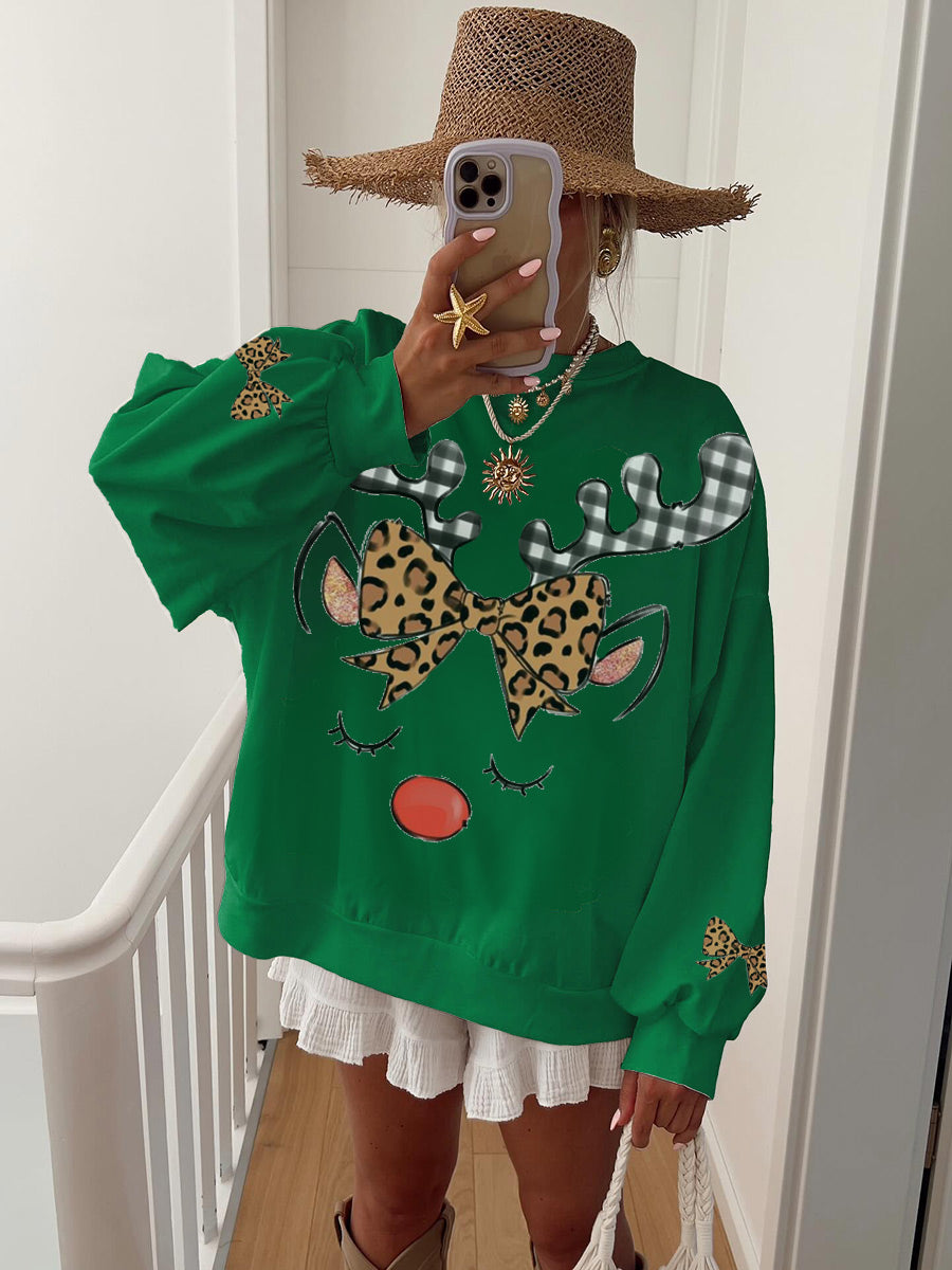 Women's Cotton Christmas Bow Elk Print Home Sweatshirt