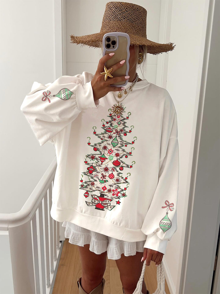 Women's Cotton Green Christmas Tree Printed Home Long Sleeve Sweatshirt