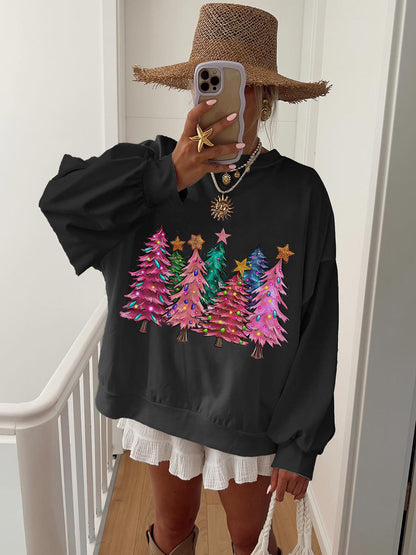 Women's Pink Christmas Tree Printed Home Long Sleeve Sweatshirt