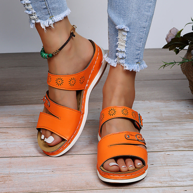 2022 New Arizona Leather Metal Buckle Platform Wedge Sandals