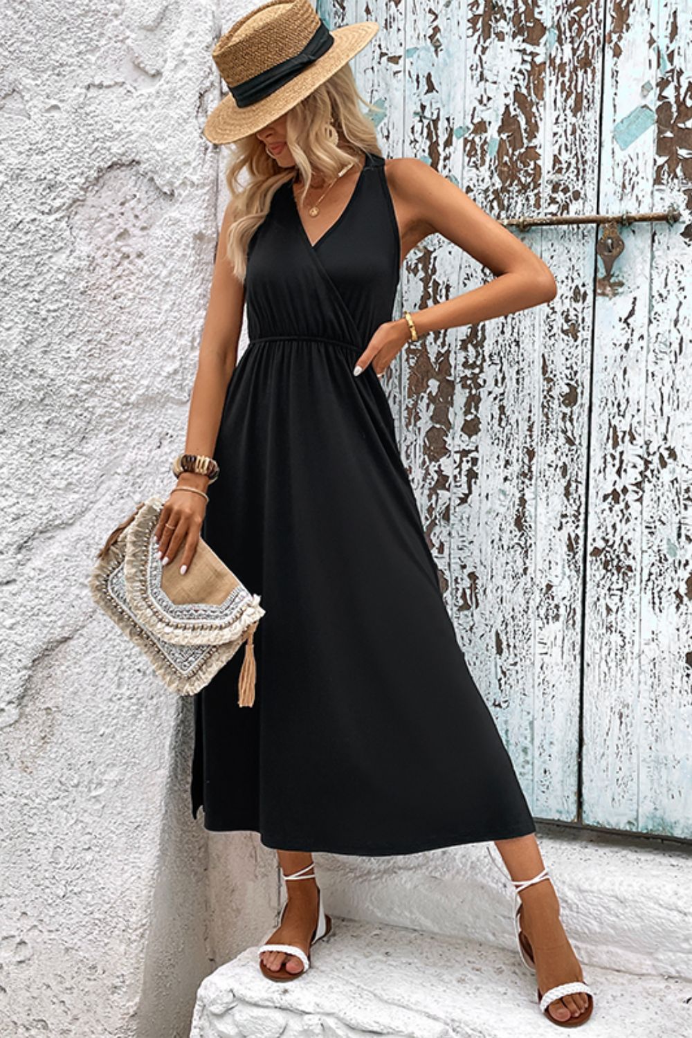 Perfee Surplice Neck Slit Sleeveless Dress