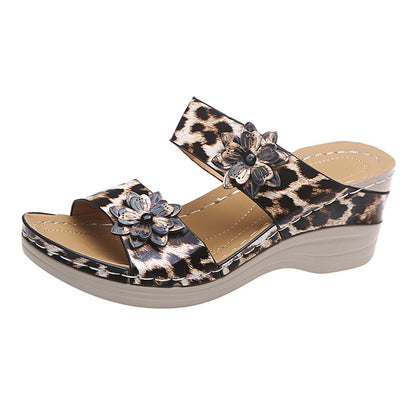 2025 New Leopard Leather Wedge Soft Sole Sandals