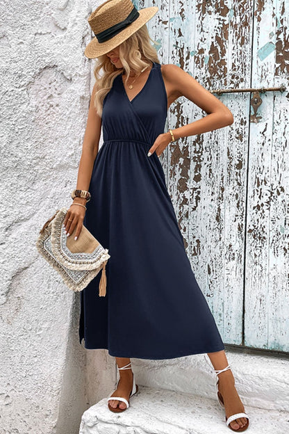 Perfee Surplice Neck Slit Sleeveless Dress