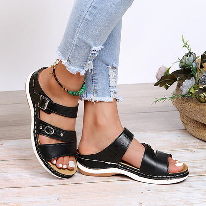 2022 New Arizona Leather Metal Buckle Platform Wedge Sandals