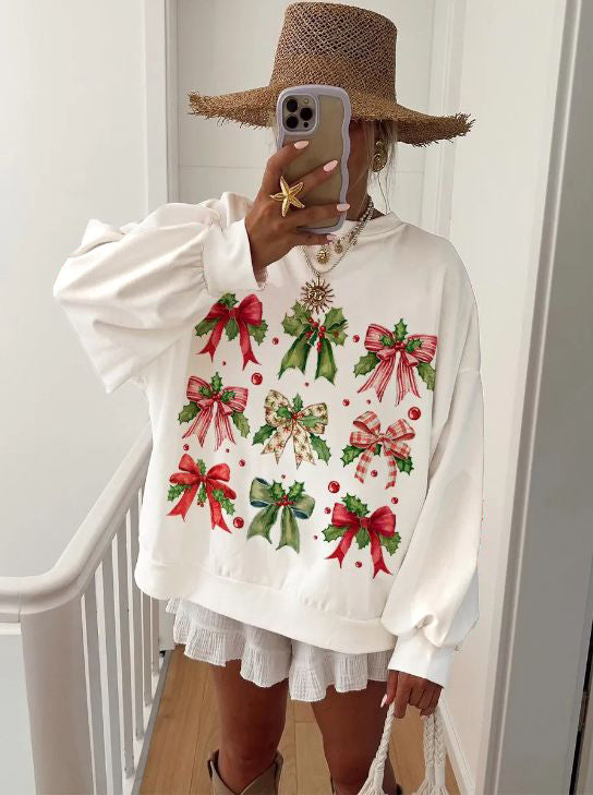 Women's Christmas Bow Printed Round Neck Long Sleeve Sweatshirt