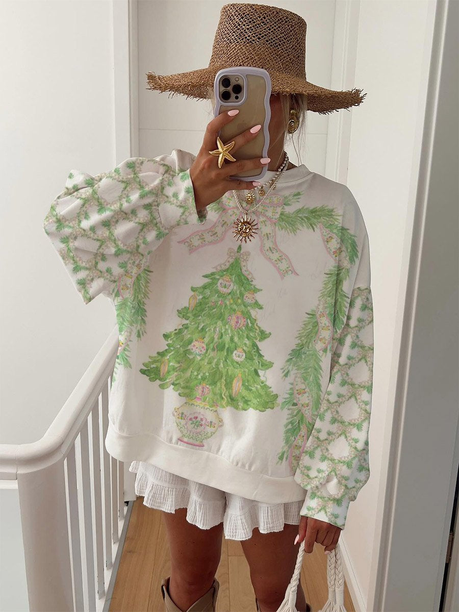 Women's Christmas Bow Christmas Tree Pattern Round Neck Long Sleeve Sweatshirt