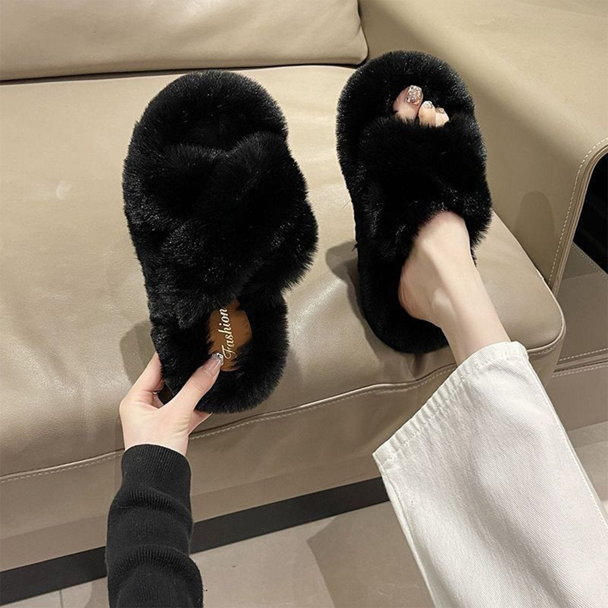 Women's Solid Color Cross Plush Slippers