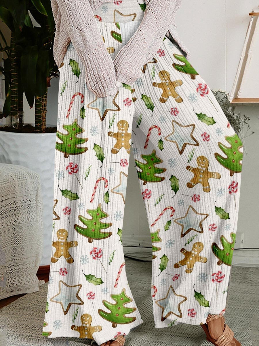 Women's Christmas Tree Gingerbread Print Linen Cotton Wide Leg Pants