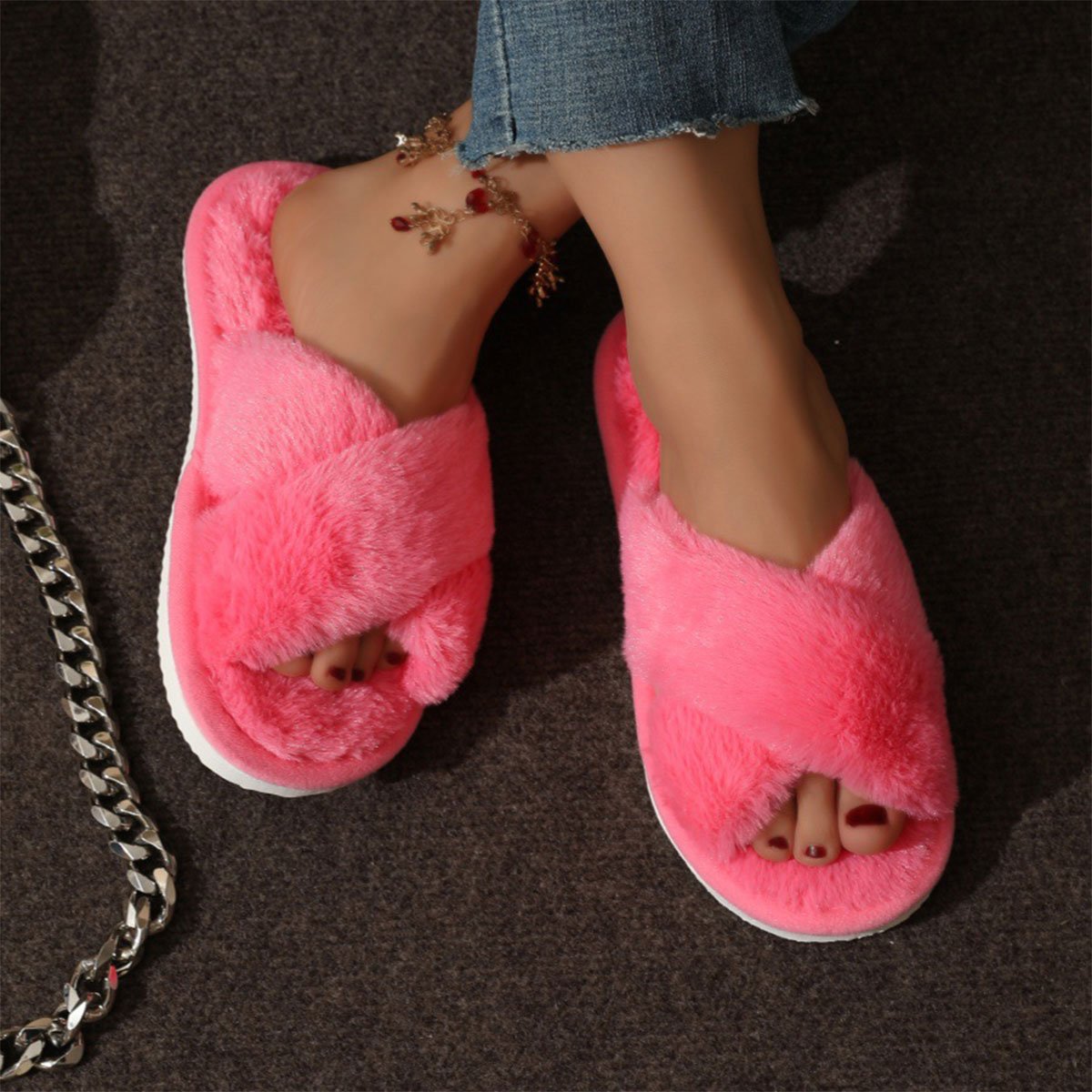 Women's Plush Cross Strap Slippers