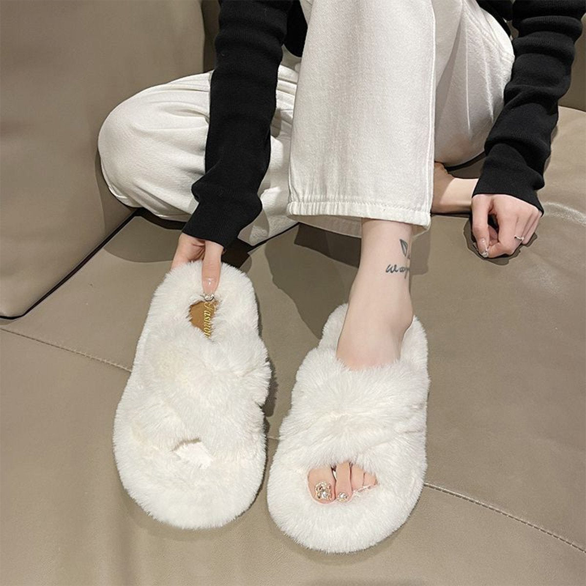 Women's Solid Color Cross Plush Slippers