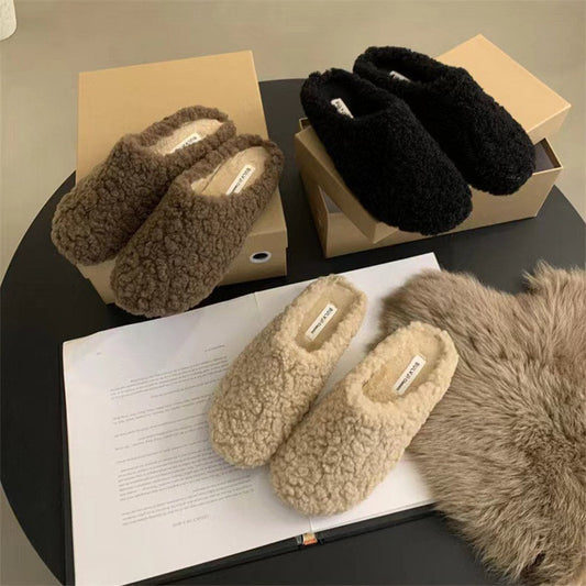 Women's Solid Color Lamb Wool Warm Round Toe Slippers