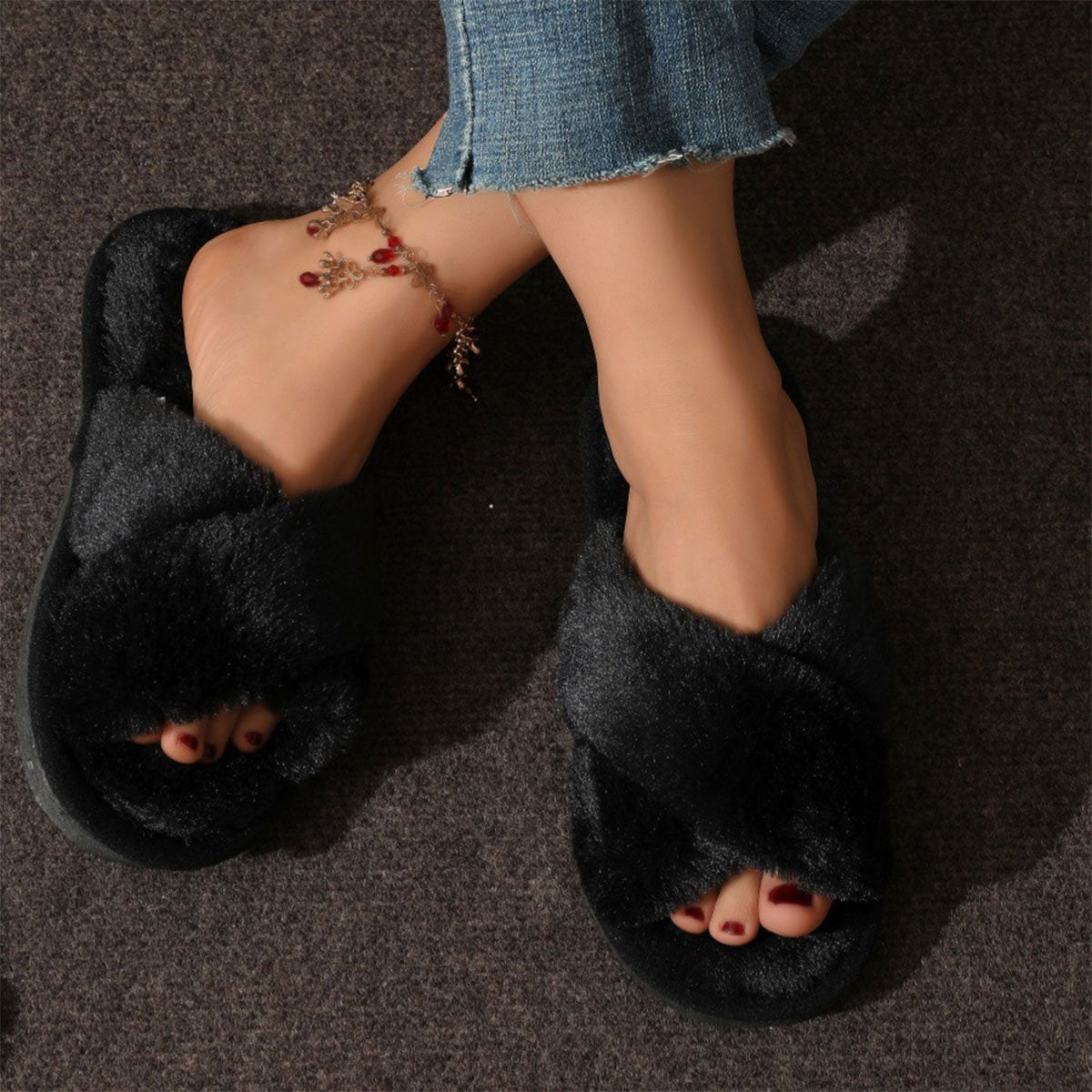 Women's Plush Cross Strap Slippers