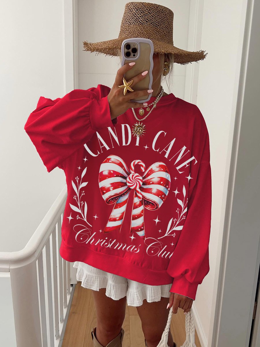 Women's Christmas Candy Bow Print Crew Neck Sweatshirt