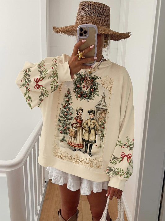 Women's Retro Christmas Sisters Print Crew Neck Sweatshirt