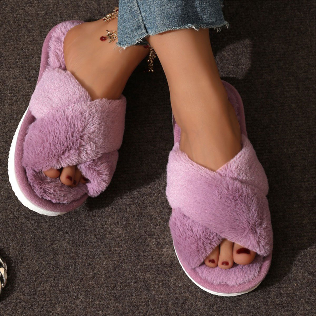 Women's Plush Cross Strap Slippers