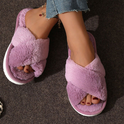 Women's Plush Cross Strap Slippers