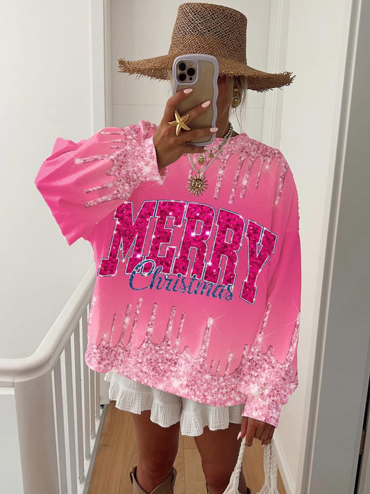 Women's Glitter Christmas Text Print Crew Neck Sweatshirt