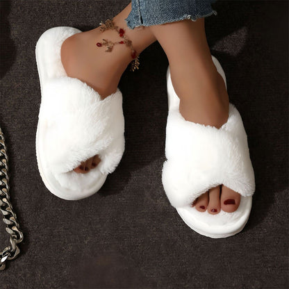 Women's Plush Cross Strap Slippers