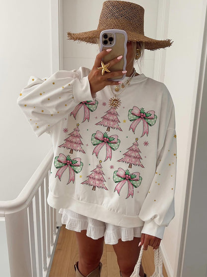 Women's Christmas Tree Bow Pattern Long Sleeve Sweatshirt