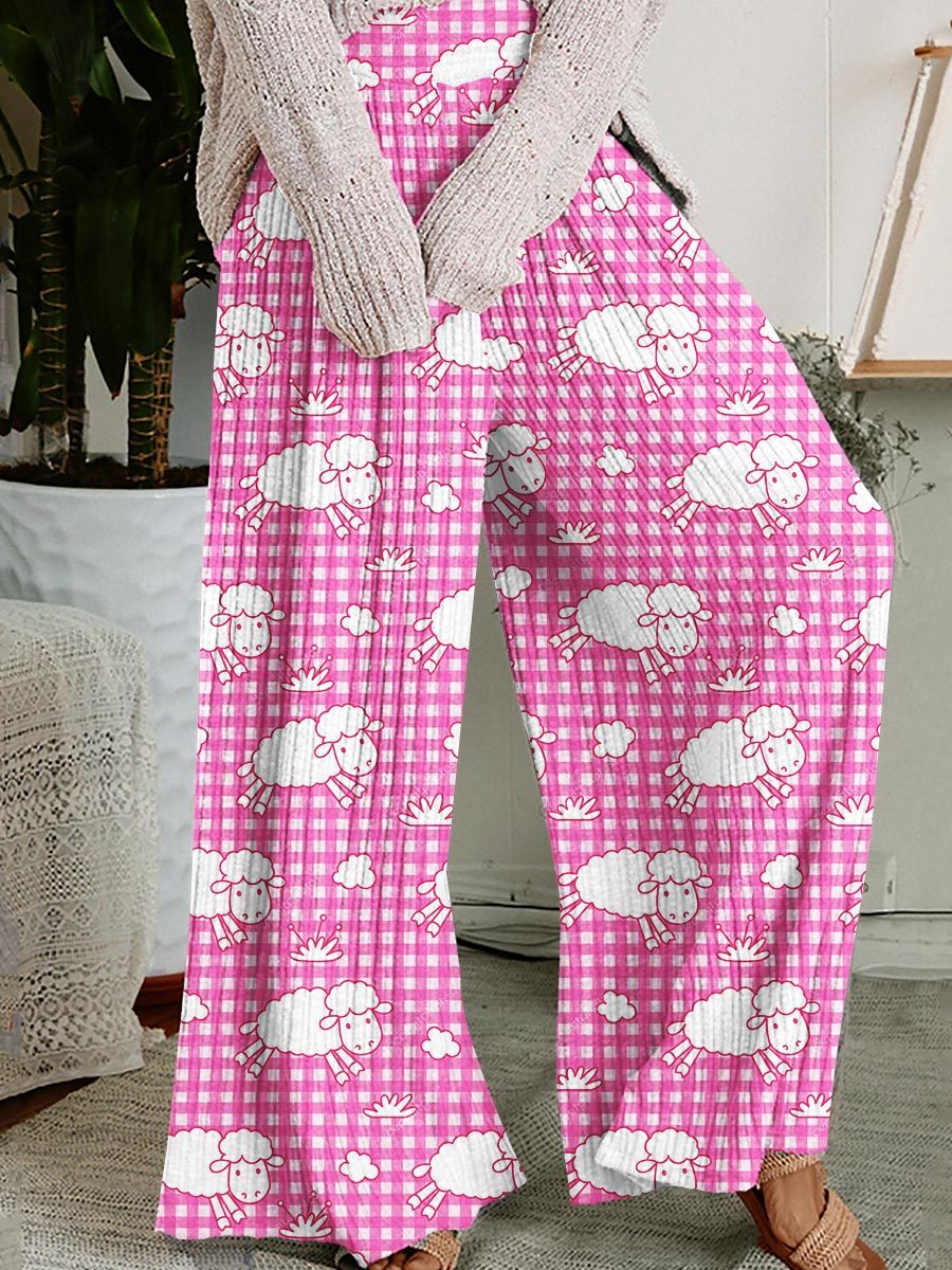 Women's Pink Plaid Sheep Printed Lounge Pants