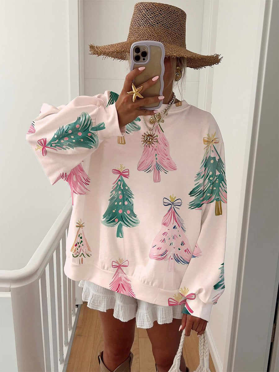 Women's Pink Hand-Painted Christmas Tree Print Sweatshirt