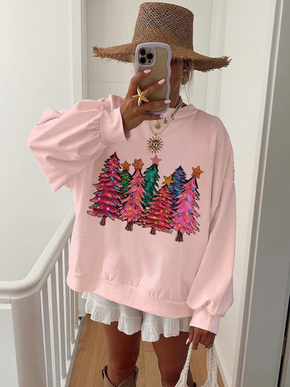 Women's Pink Christmas Tree Printed Home Long Sleeve Sweatshirt