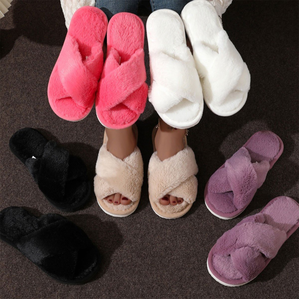 Women's Plush Cross Strap Slippers