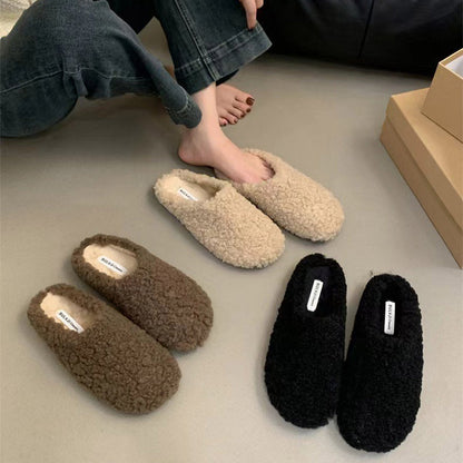 Women's Solid Color Lamb Wool Warm Round Toe Slippers