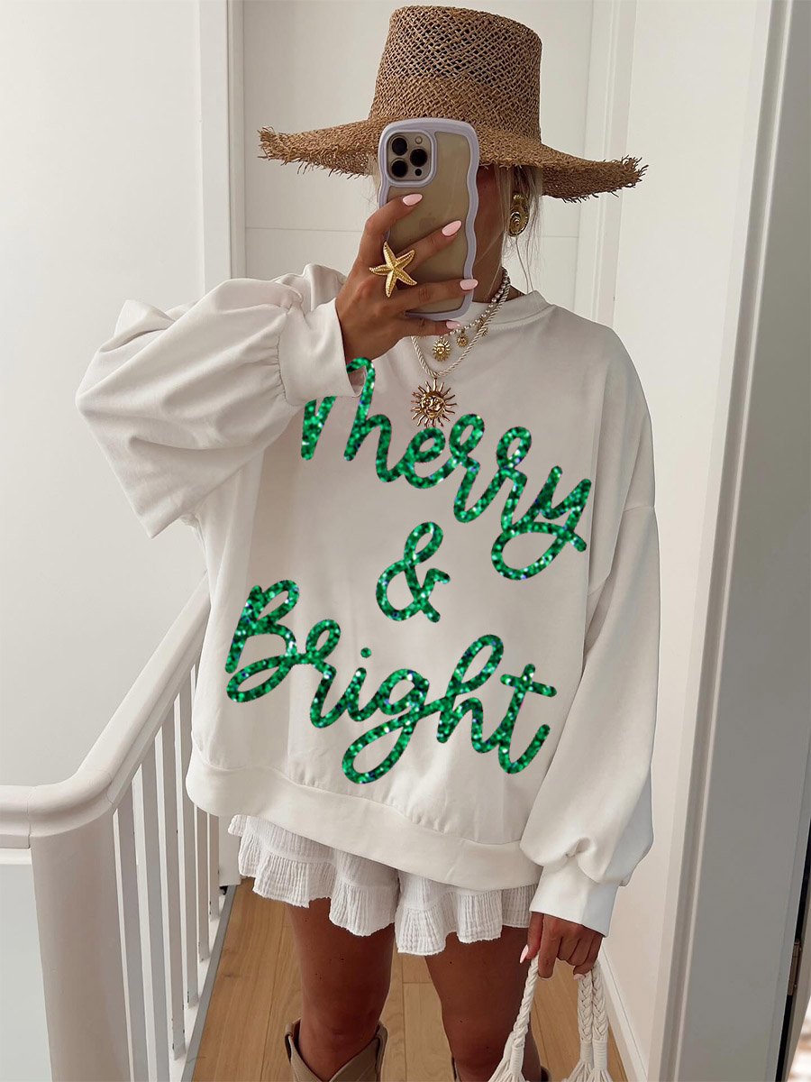 Women's Glitter Merry Christmas Crew Neck Sweatshirt