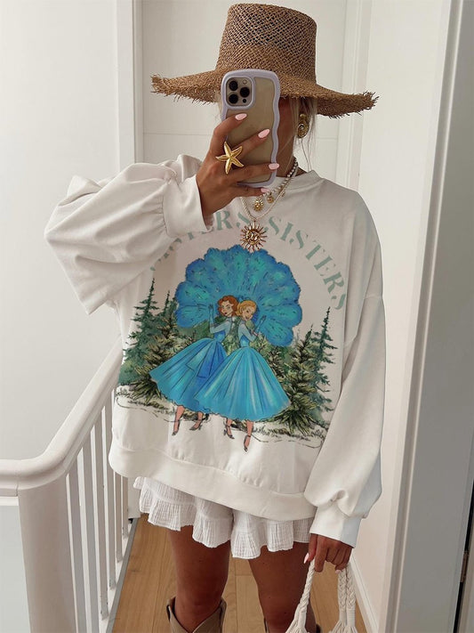 Women's Christmas Forest Princess Pattern Long Sleeve Crew Neck Sweatshirt