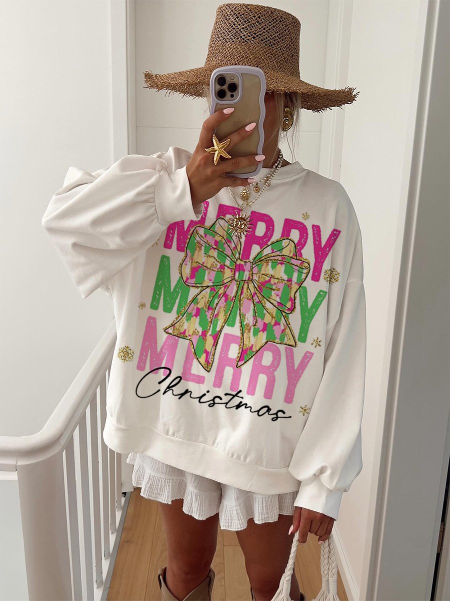 Women's Christmas Art Print Bowknot Print Home Long Sleeve Sweater