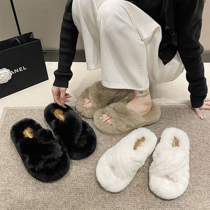 Women's Solid Color Cross Plush Slippers