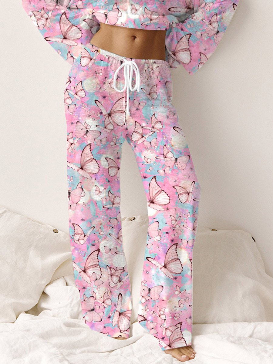 Women's Cotton Pink Butterfly Printed Lounge Pants